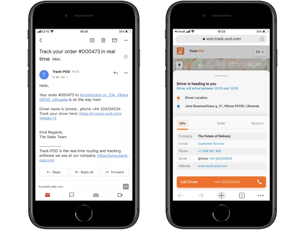 Dynamic ETA email and live tracking page with time window. 1