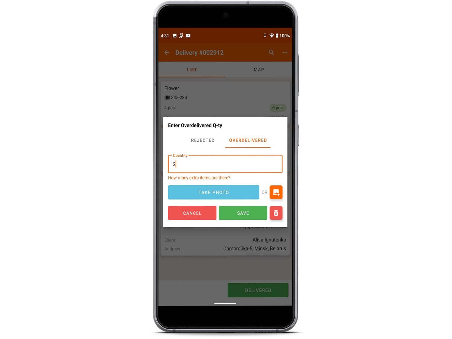 Overdelivery in logistics app
