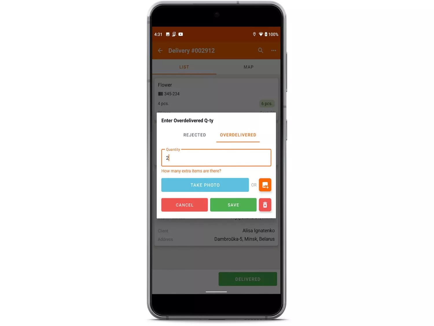 Overdelivery in logistics app