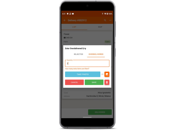 Overdelivery in logistics app