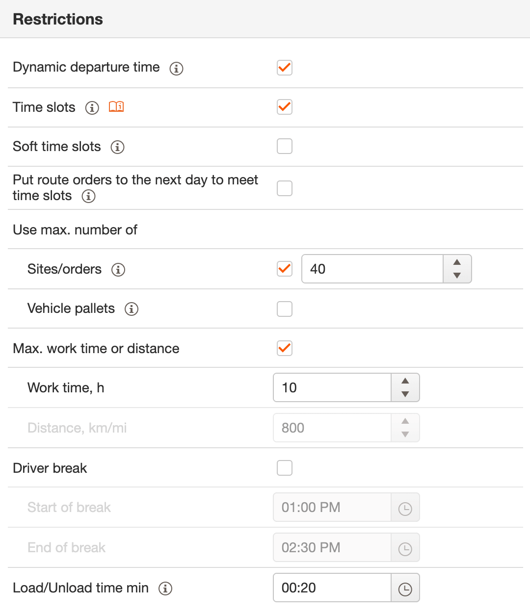 Route optimization parameters for vehicles