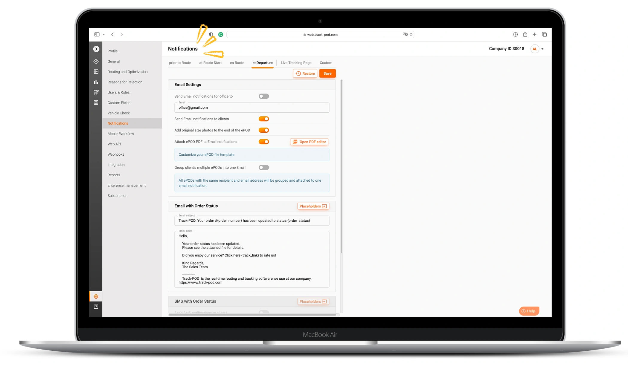 customer notifications track pod
