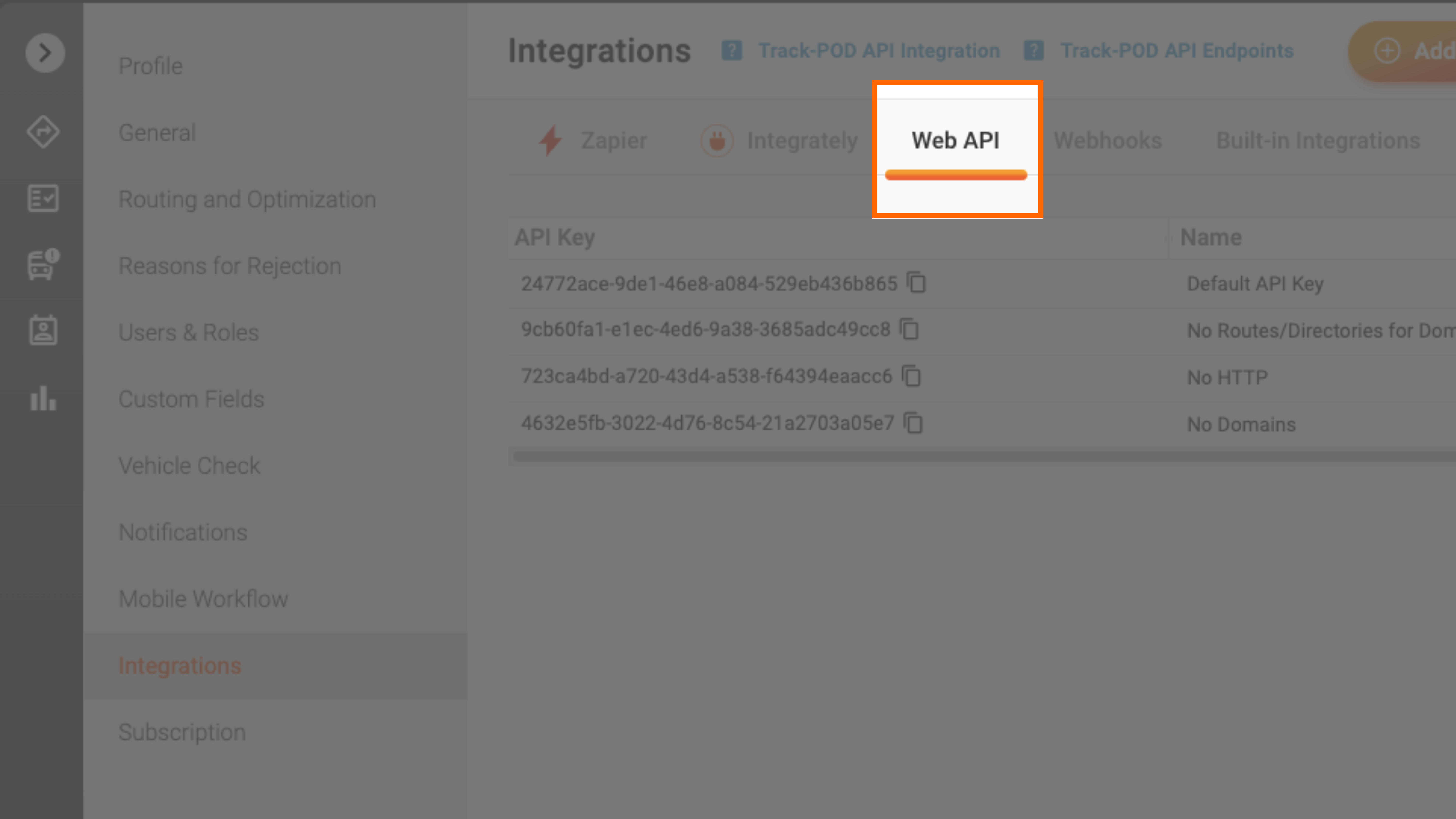 Integrations menu in Track-POD