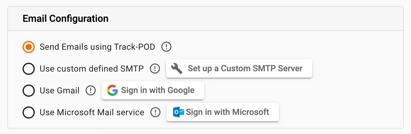 custom email configuration in track pod new