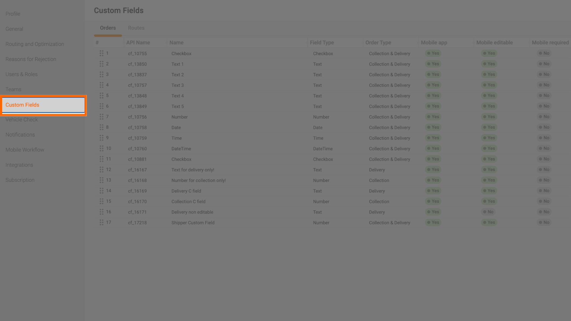 Custom fields menu