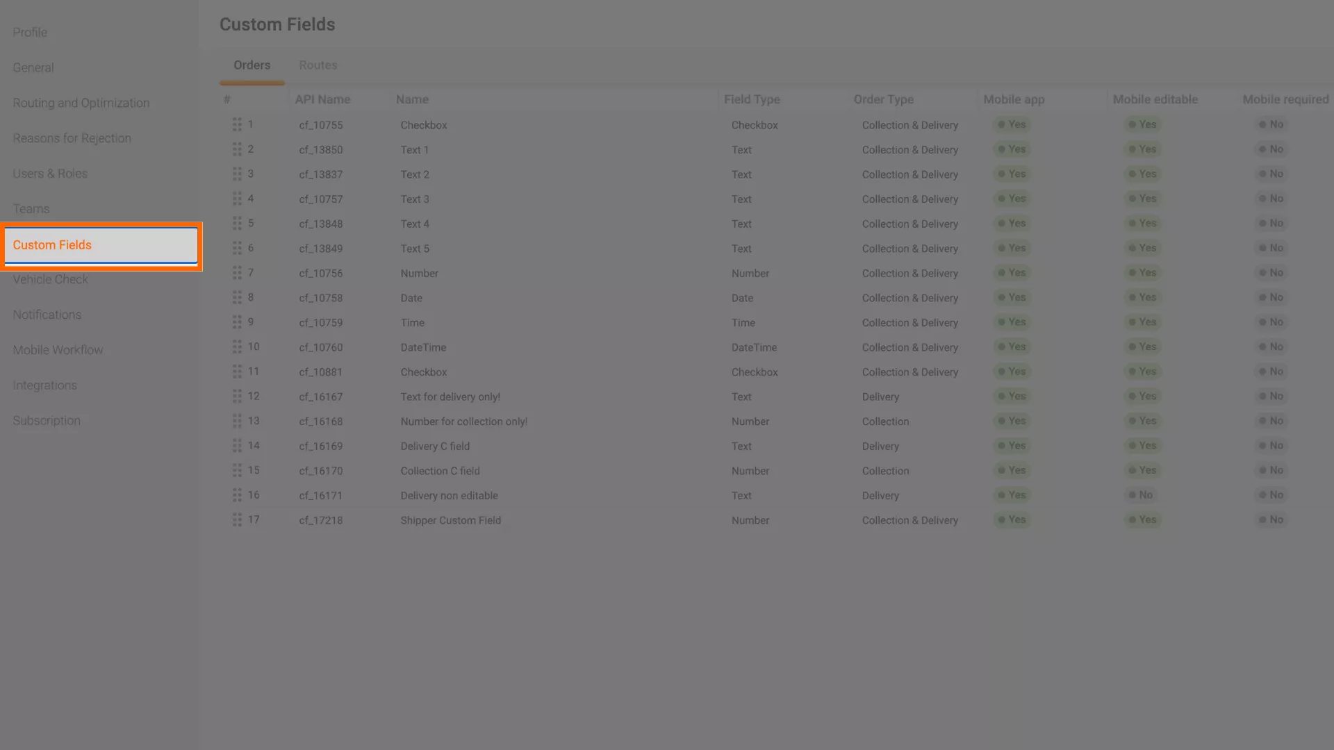 Custom fields menu