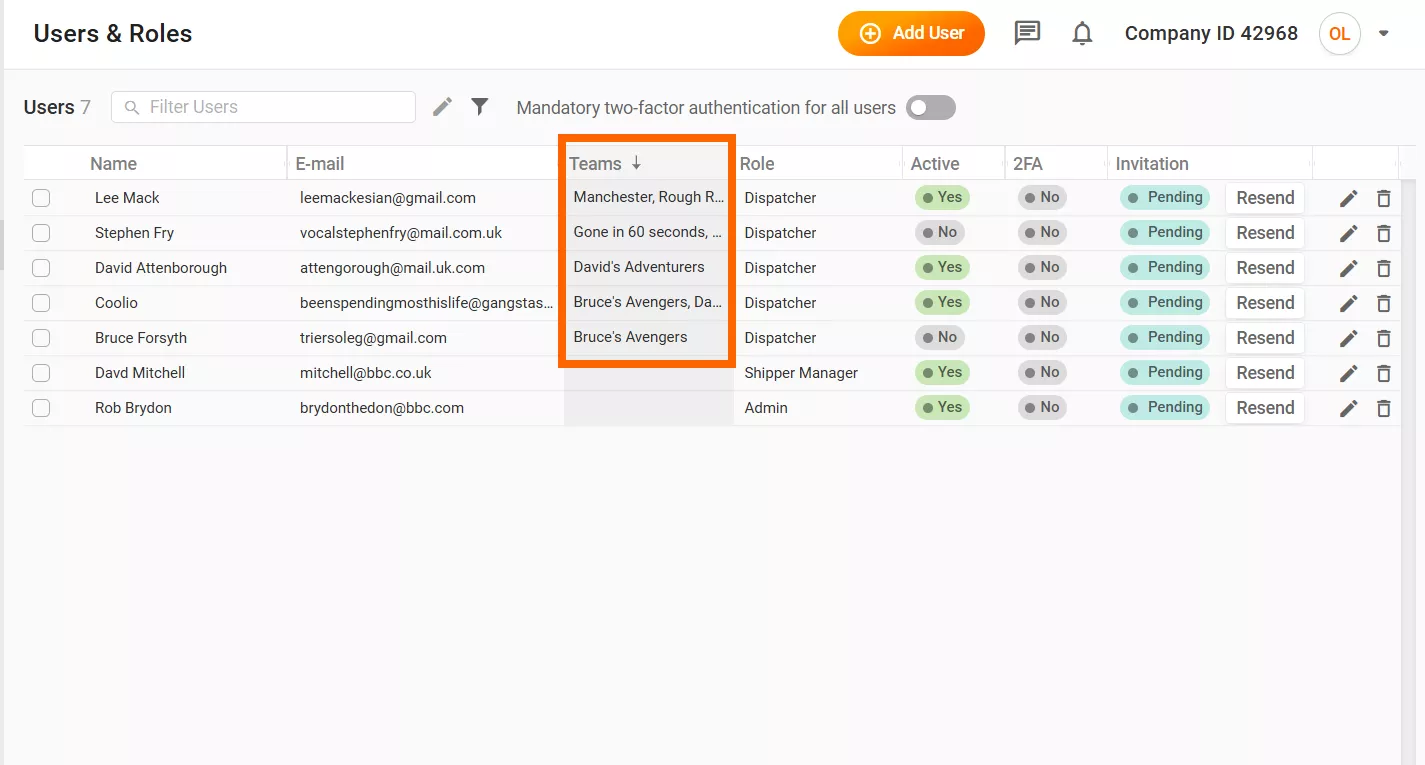 Team column in User management