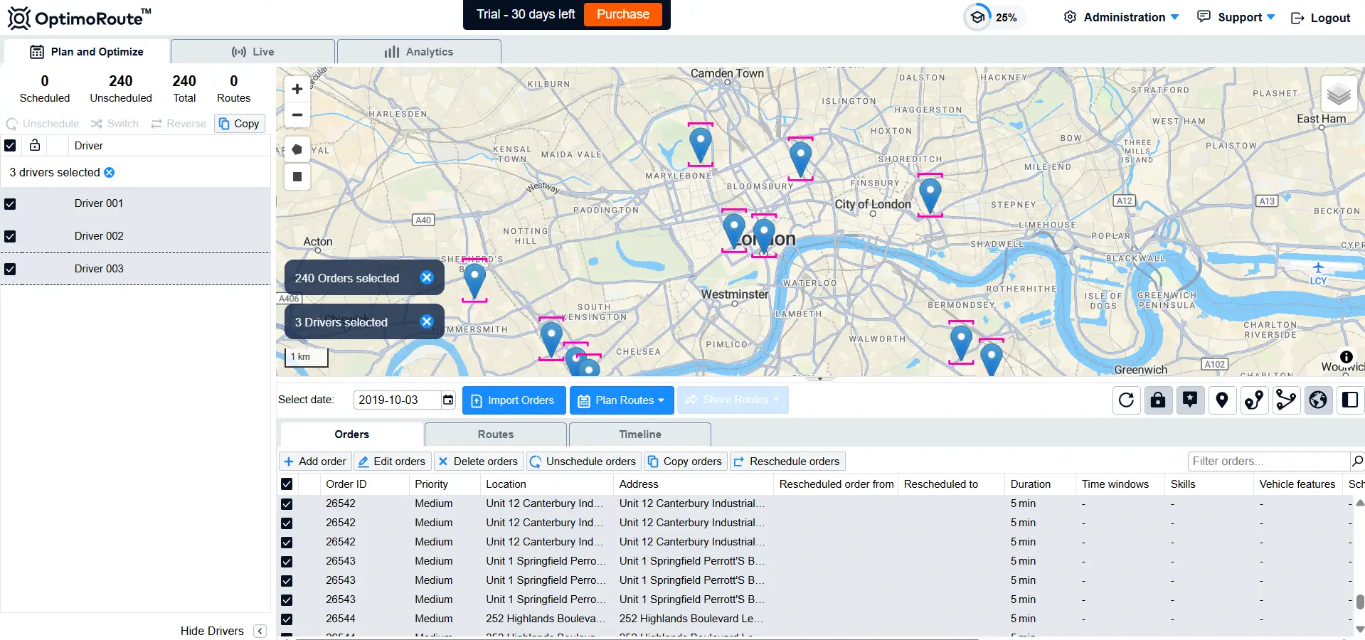 OptimoRoute dashboard