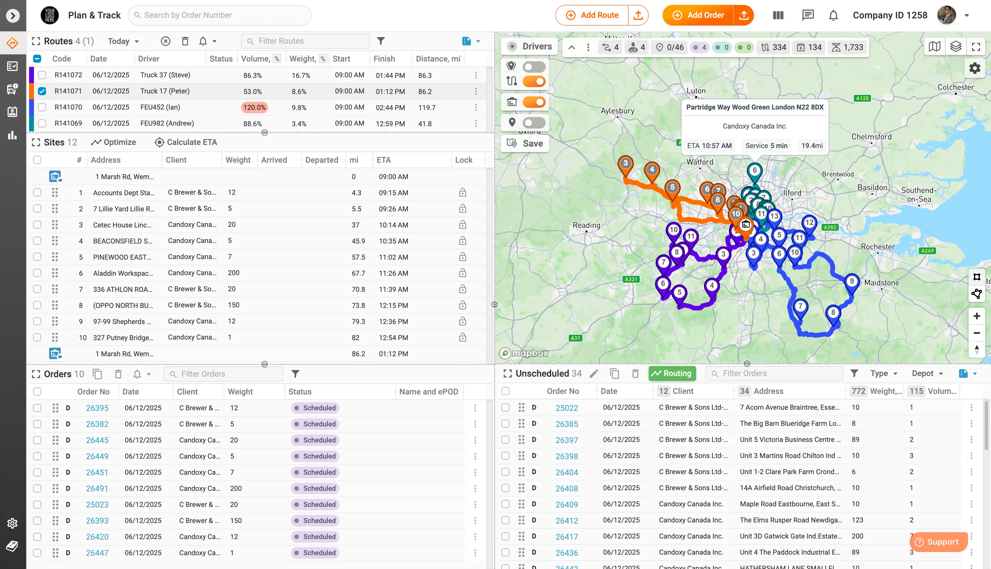 Dashboard with planned routes