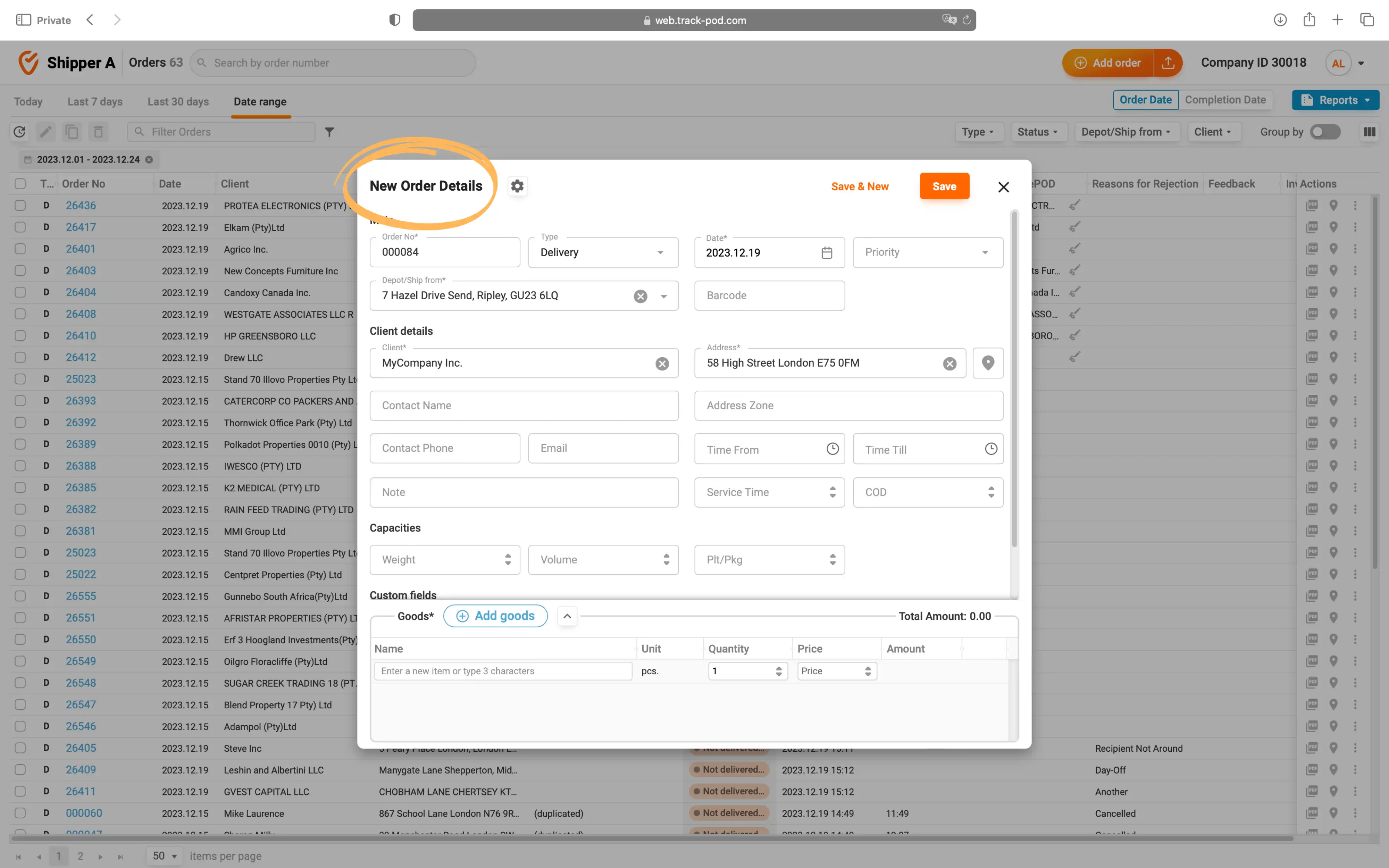 add order manually customer portal track pod