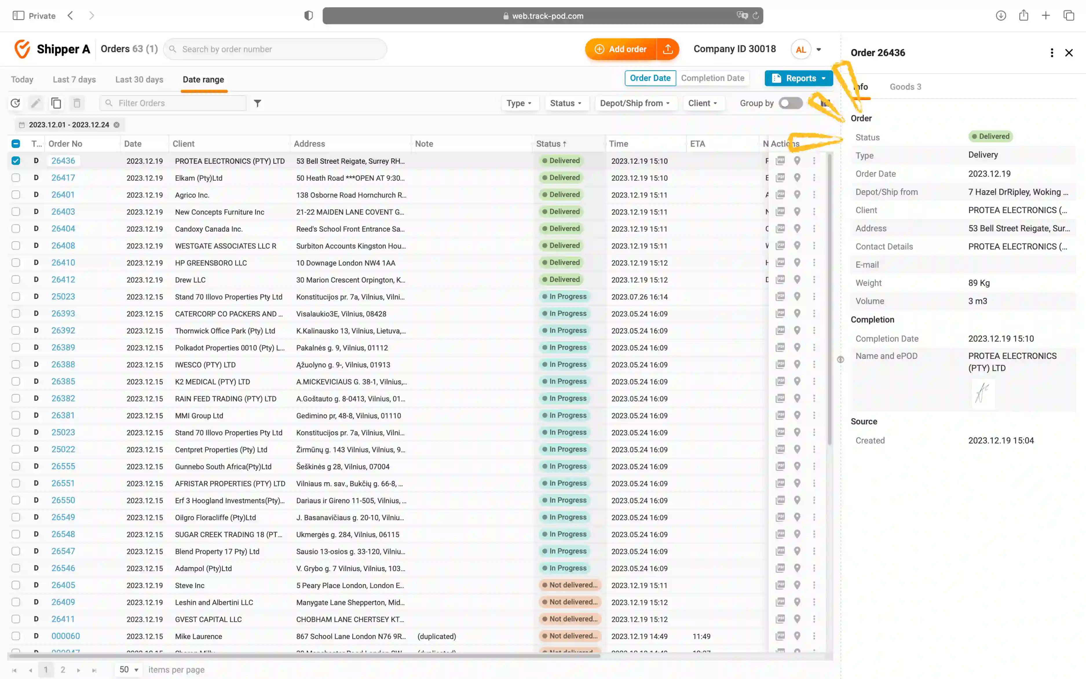 customer portal track pod order details