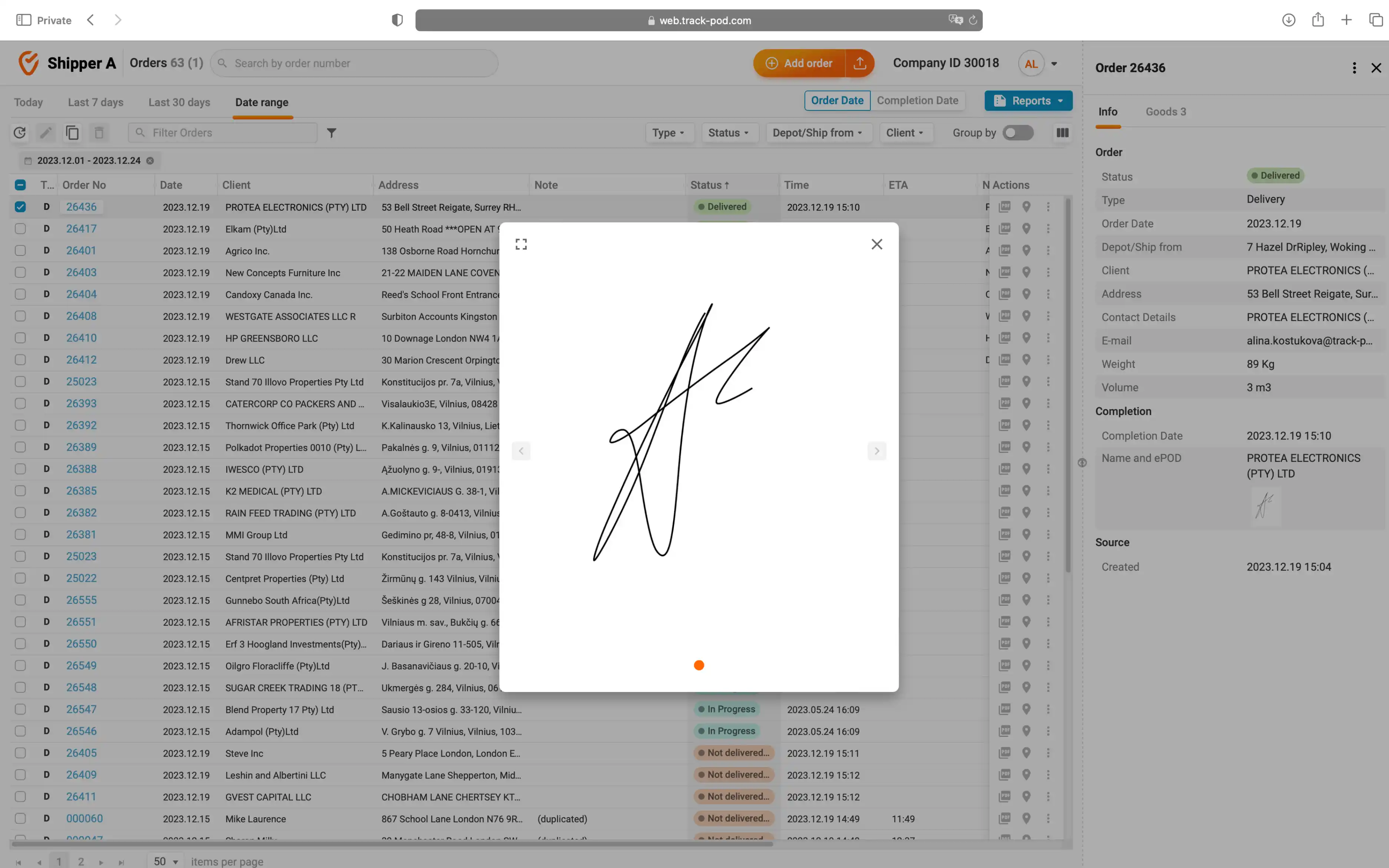 order details customer portal track pod