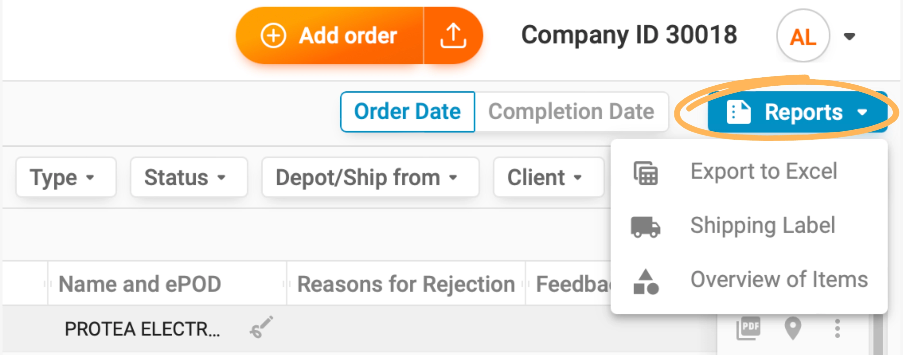 order reports customer portal track pod