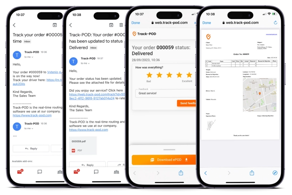Track-POD's delivery notifications keep your customers informed throughout the order's journey