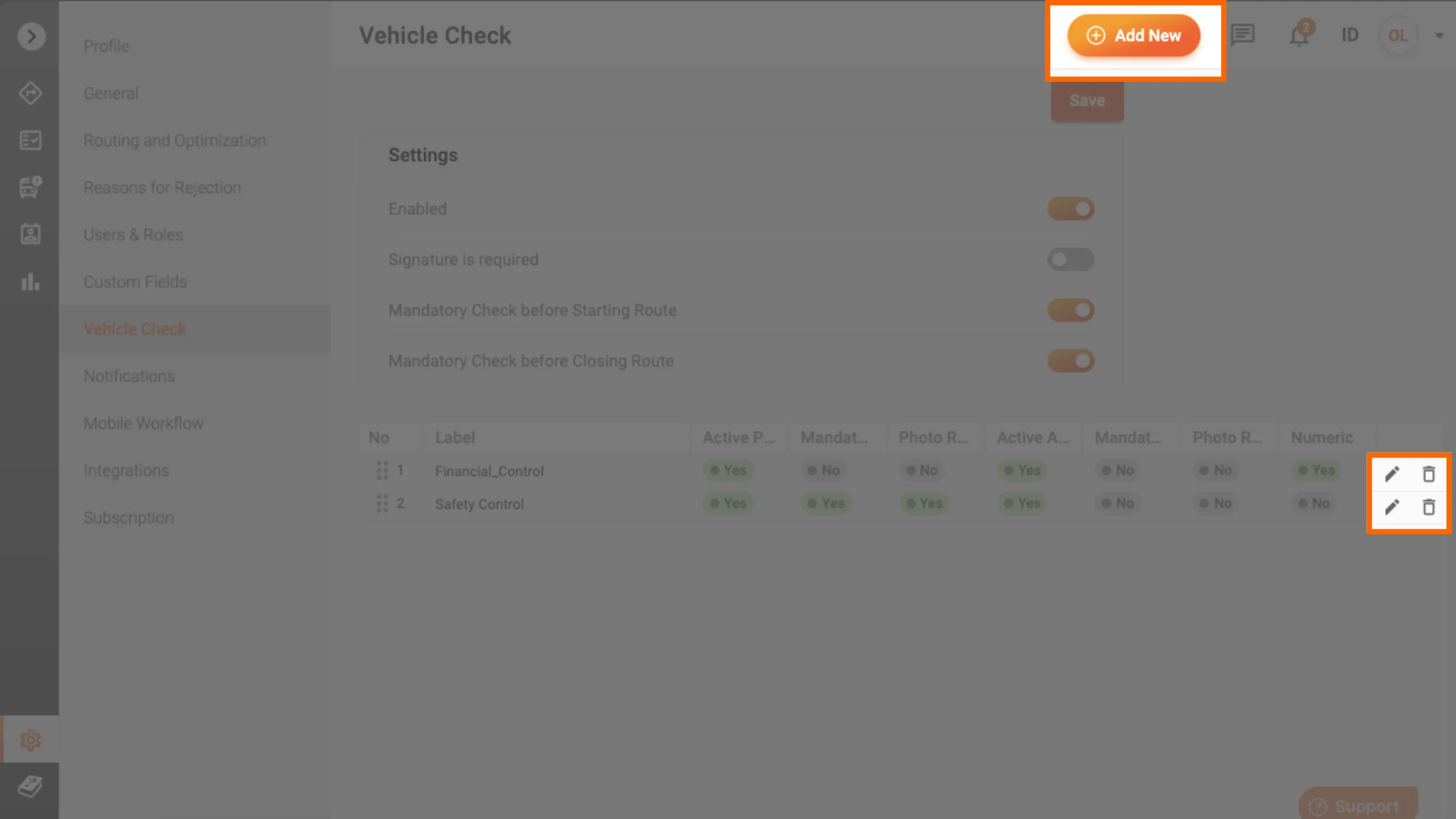 Vehicle Check Settings
