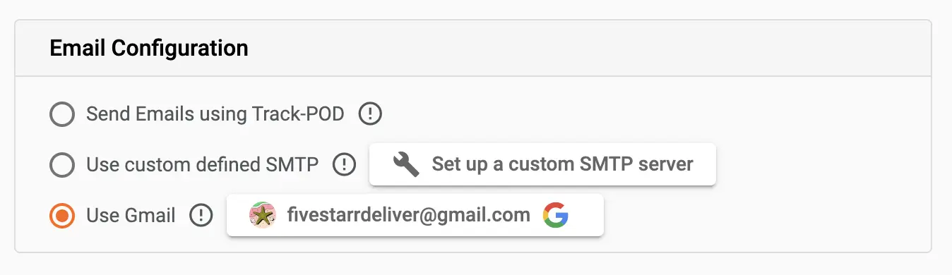 custom email configuration in track pod