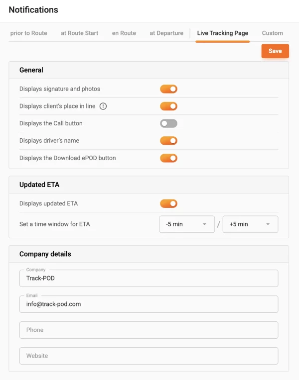 live tracking page settings
