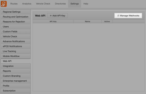 trackpod manage webhooks API settings