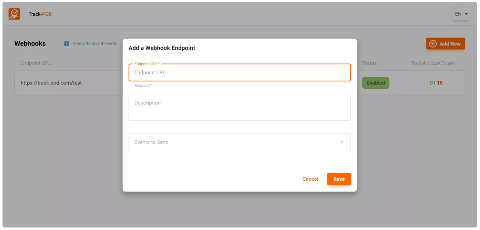 trackpod webhooks select event type
