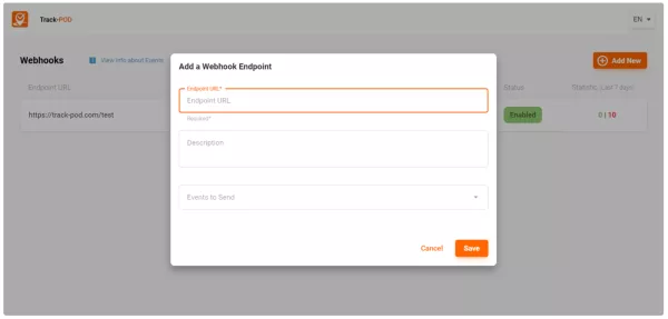 trackpod webhooks select event type